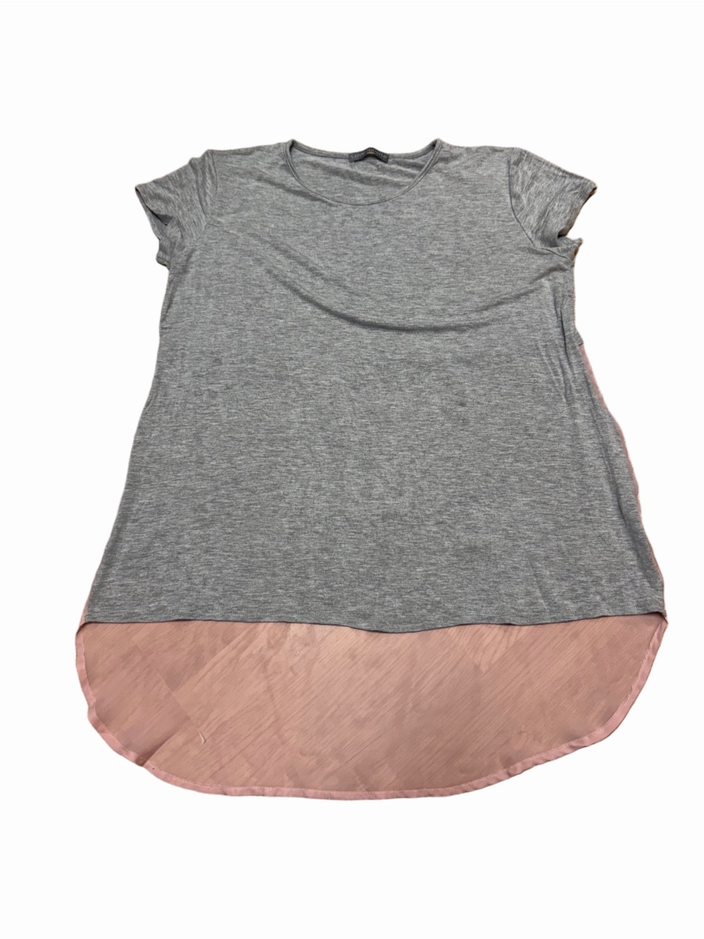 Vintage Loveappella Women’s L Gray Pink Sheer Chiffon Hi Low Layered Tunic Top